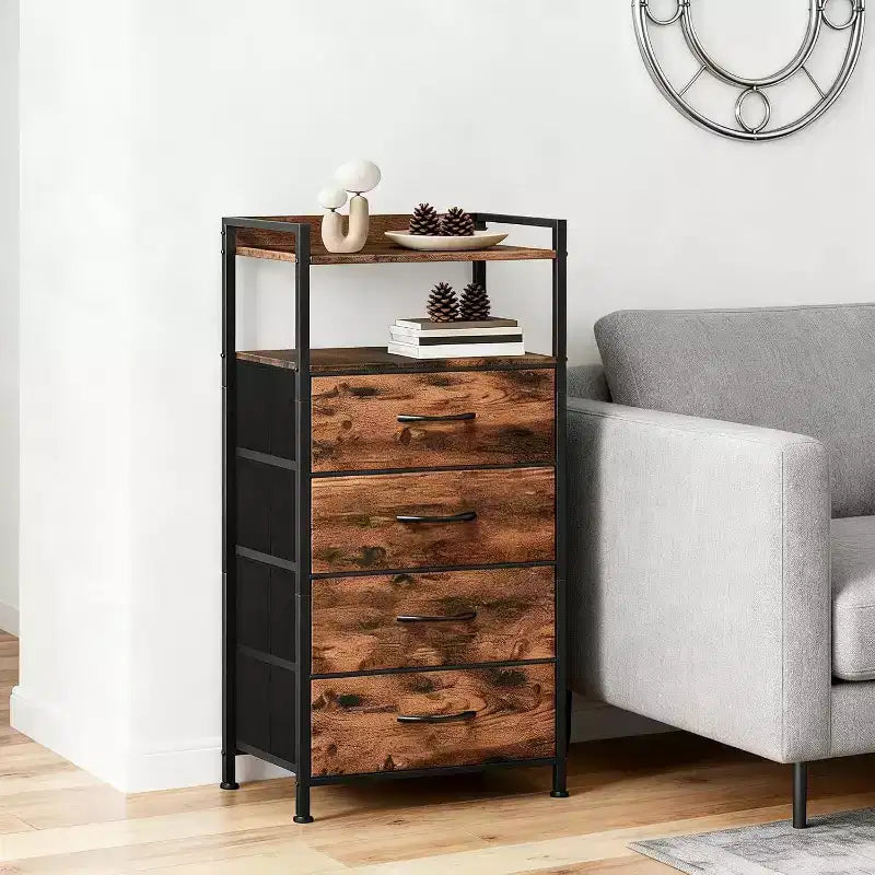 Bedside Table, Side End Table with 4 Fabric Storage Drawers, Bedside Cabinet with Open Storage Shelf, Nightstand for Bedroom, Livingroom, Office