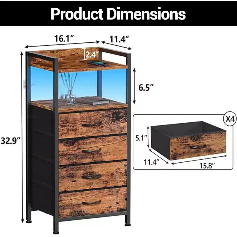 Bedside Table, Side End Table with 4 Fabric Storage Drawers, Bedside Cabinet with Open Storage Shelf, Nightstand for Bedroom, Livingroom, Office