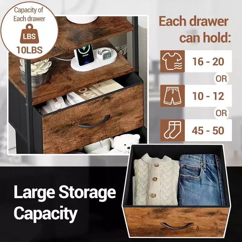 Bedside Table, Side End Table with 4 Fabric Storage Drawers, Bedside Cabinet with Open Storage Shelf, Nightstand for Bedroom, Livingroom, Office