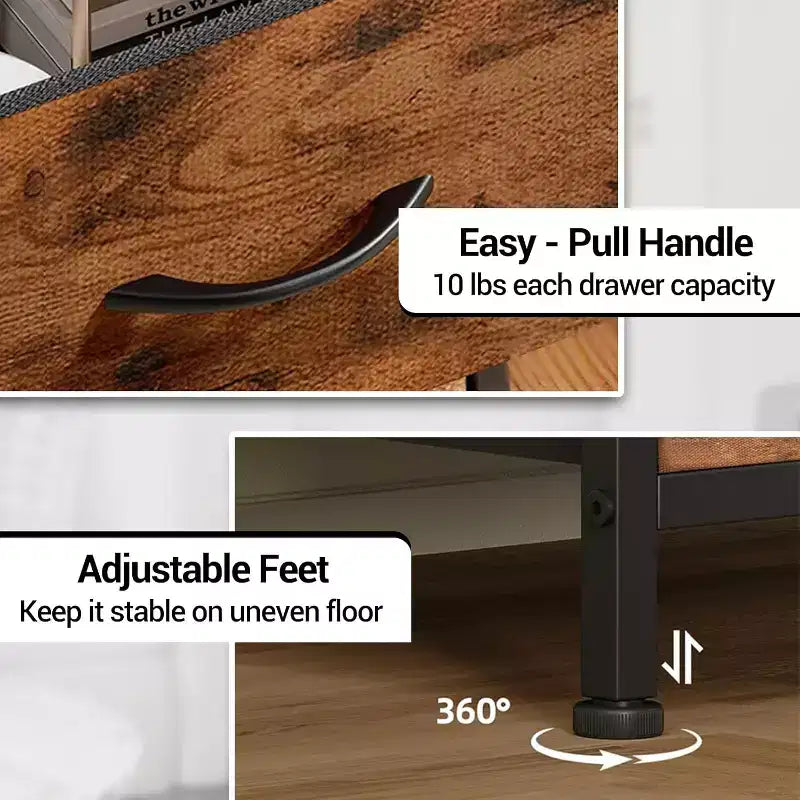 Bedside Table, Side End Table with 4 Fabric Storage Drawers, Bedside Cabinet with Open Storage Shelf, Nightstand for Bedroom, Livingroom, Office