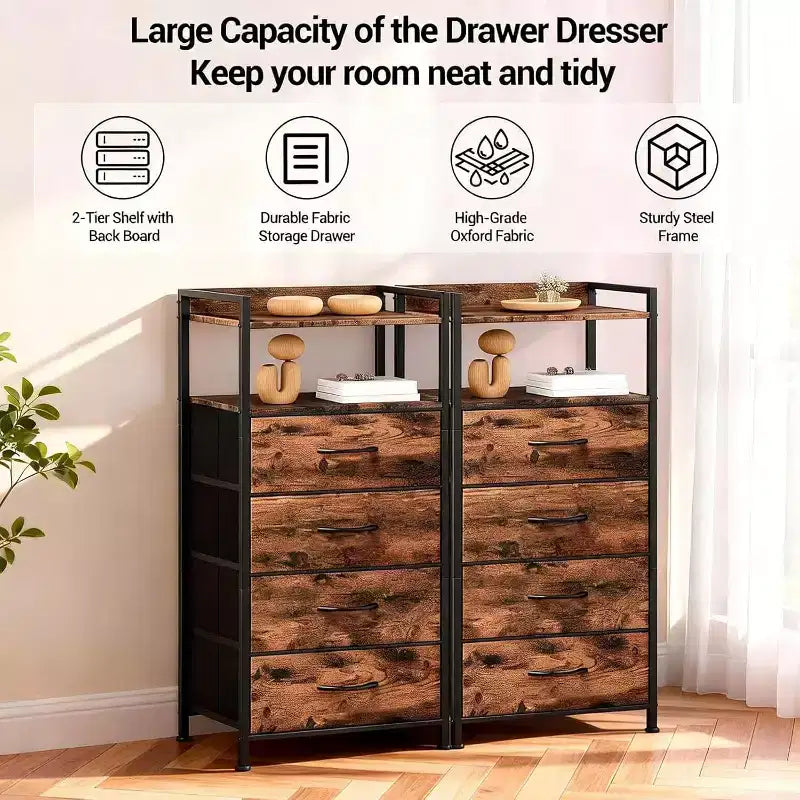 Bedside Table, Side End Table with 4 Fabric Storage Drawers, Bedside Cabinet with Open Storage Shelf, Nightstand for Bedroom, Livingroom, Office