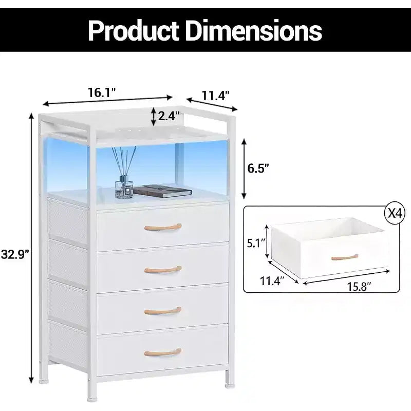 Bedside Table, Side End Table with 4 Fabric Storage Drawers, Bedside Cabinet with Open Storage Shelf, Nightstand for Bedroom, Livingroom, Office