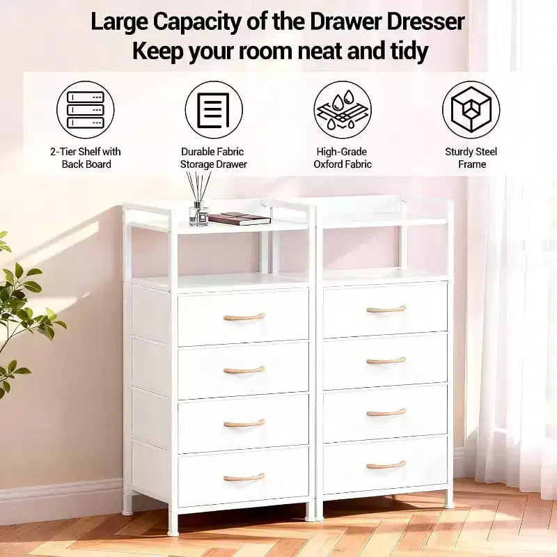 Bedside Table, Side End Table with 4 Fabric Storage Drawers, Bedside Cabinet with Open Storage Shelf, Nightstand for Bedroom, Livingroom, Office