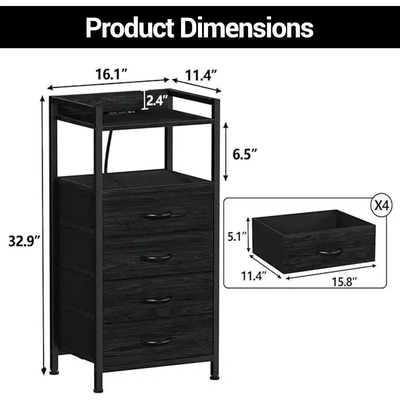 Bedside Table, Side End Table with 4 Fabric Storage Drawers, Bedside Cabinet with Open Storage Shelf, Nightstand for Bedroom, Livingroom, Office