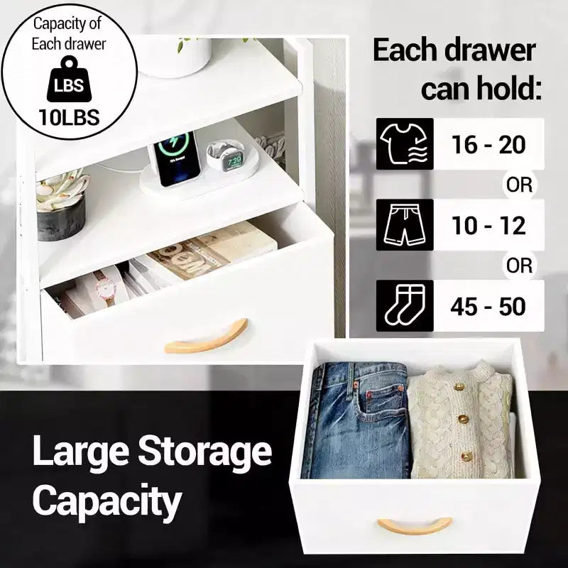 Bedside Table, Side End Table with 4 Fabric Storage Drawers, Bedside Cabinet with Open Storage Shelf, Nightstand for Bedroom, Livingroom, Office