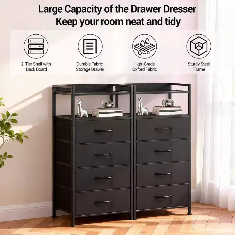 Bedside Table, Side End Table with 4 Fabric Storage Drawers, Bedside Cabinet with Open Storage Shelf, Nightstand for Bedroom, Livingroom, Office