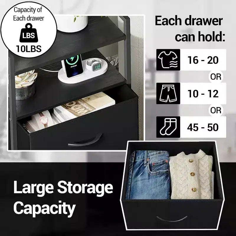 Bedside Table, Side End Table with 4 Fabric Storage Drawers, Bedside Cabinet with Open Storage Shelf, Nightstand for Bedroom, Livingroom, Office
