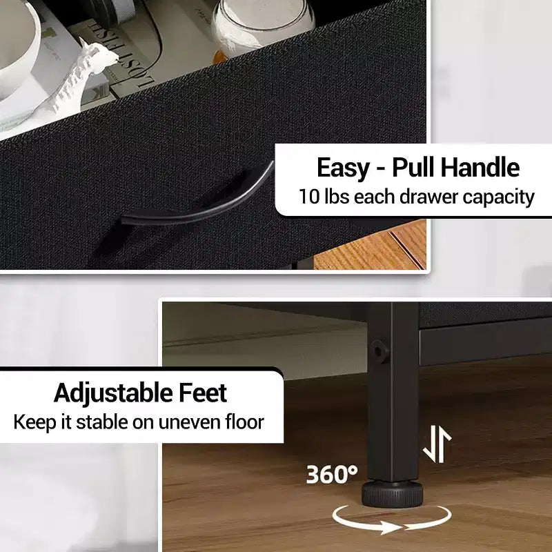 Bedside Table, Side End Table with 4 Fabric Storage Drawers, Bedside Cabinet with Open Storage Shelf, Nightstand for Bedroom, Livingroom, Office