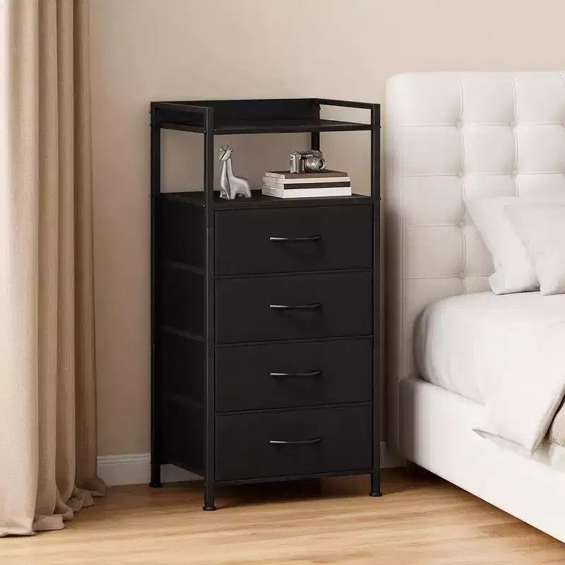 Bedside Table, Side End Table with 4 Fabric Storage Drawers, Bedside Cabinet with Open Storage Shelf, Nightstand for Bedroom, Livingroom, Office