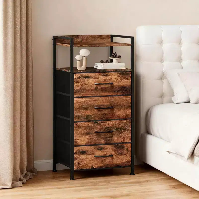 Bedside Table, Side End Table with 4 Fabric Storage Drawers, Bedside Cabinet with Open Storage Shelf, Nightstand for Bedroom, Livingroom, Office