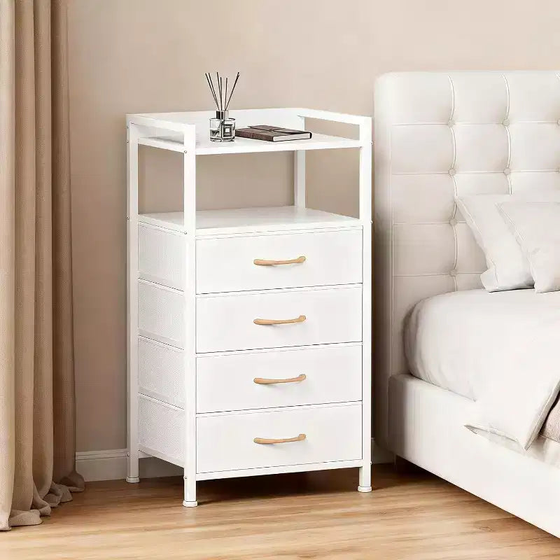 Bedside Table, Side End Table with 4 Fabric Storage Drawers, Bedside Cabinet with Open Storage Shelf, Nightstand for Bedroom, Livingroom, Office