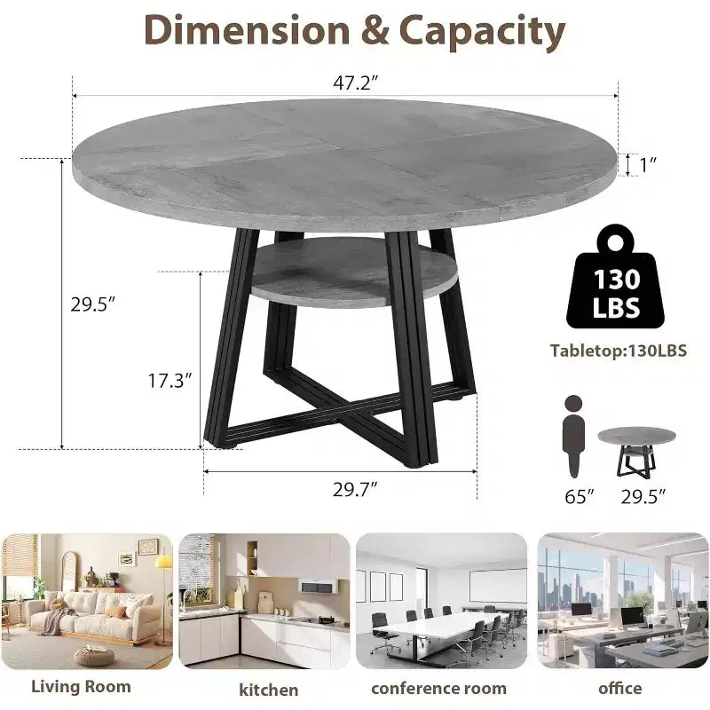 Round Dining Table for 4-6, 42 Farmhouse Kitchen Table with Storage, Circle Dinner Tables for Kitchen, Dining Room, Living Room, Meeting Room