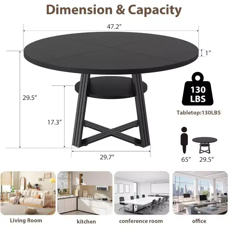 Round Dining Table for 4-6, 42 Farmhouse Kitchen Table with Storage, Circle Dinner Tables for Kitchen, Dining Room, Living Room, Meeting Room