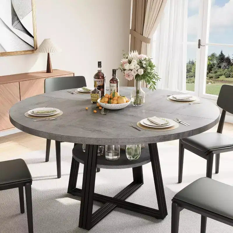 Round Dining Table for 4-6, 42 Farmhouse Kitchen Table with Storage, Circle Dinner Tables for Kitchen, Dining Room, Living Room, Meeting Room