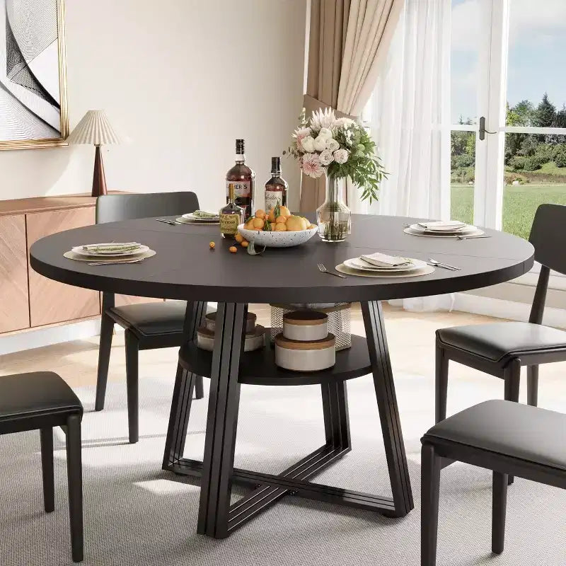 Round Dining Table for 4-6, 42 Farmhouse Kitchen Table with Storage, Circle Dinner Tables for Kitchen, Dining Room, Living Room, Meeting Room
