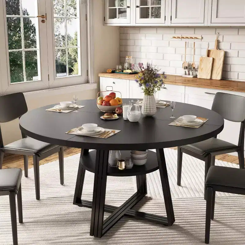 Round Dining Table for 4-6, 42 Farmhouse Kitchen Table with Storage, Circle Dinner Tables for Kitchen, Dining Room, Living Room, Meeting Room