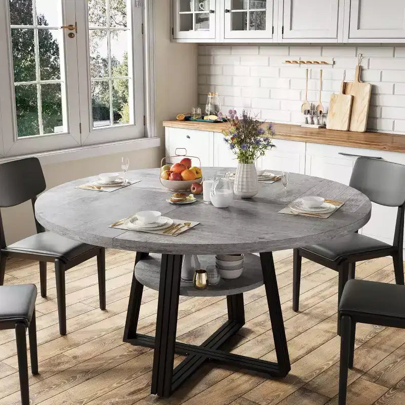 Round Dining Table for 4-6, 42 Farmhouse Kitchen Table with Storage, Circle Dinner Tables for Kitchen, Dining Room, Living Room, Meeting Room