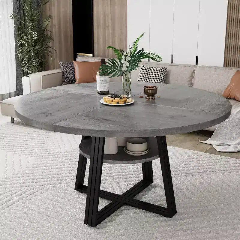 Round Dining Table for 4-6, 42 Farmhouse Kitchen Table with Storage, Circle Dinner Tables for Kitchen, Dining Room, Living Room, Meeting Room