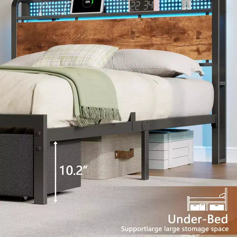 Full Size Platform Bed Frame 2 Storage Drawers Headboard LED Lights Charging Station Heavy Duty Metal Wood No Box Spring Needed Guest Bedroom USB