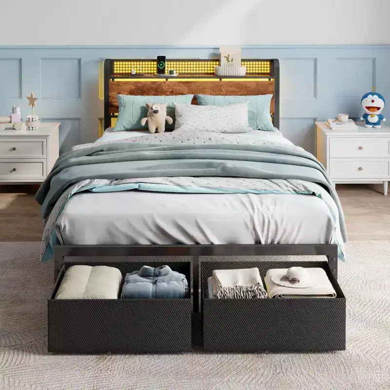 Full Size Platform Bed Frame 2 Storage Drawers Headboard LED Lights Charging Station Heavy Duty Metal Wood No Box Spring Needed Guest Bedroom USB