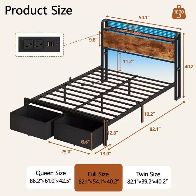 Full Size Platform Bed Frame 2 Storage Drawers Headboard LED Lights Charging Station Heavy Duty Metal Wood No Box Spring Needed Guest Bedroom USB