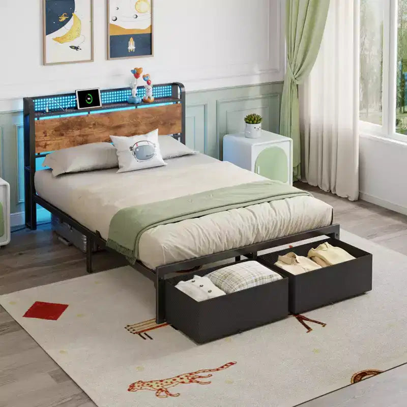 Full Size Platform Bed Frame 2 Storage Drawers Headboard LED Lights Charging Station Heavy Duty Metal Wood No Box Spring Needed Guest Bedroom USB
