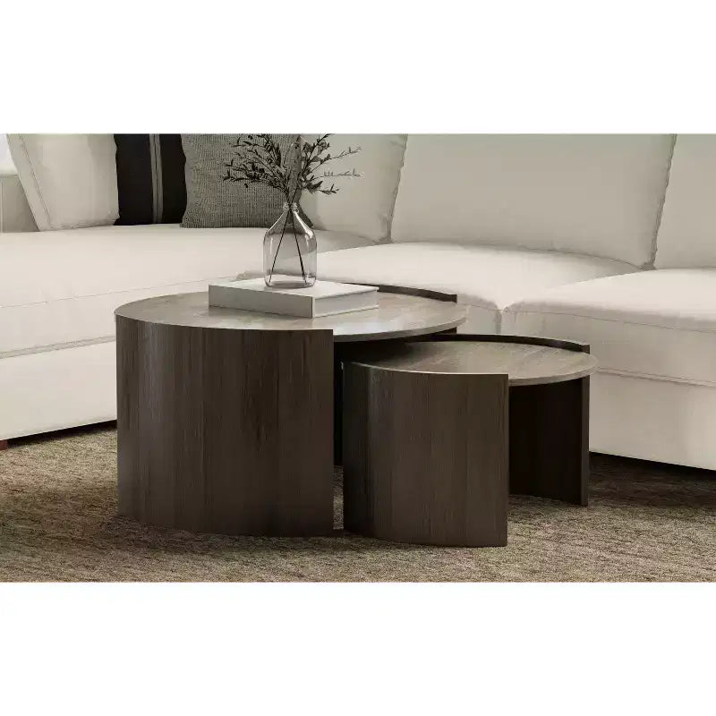 LEGNO MASSELLO DI MANGO Tavolino rotondo contemporaneo componibile a incastro, largo 32 pollici, set da 2 pezzi, completamente assemblato