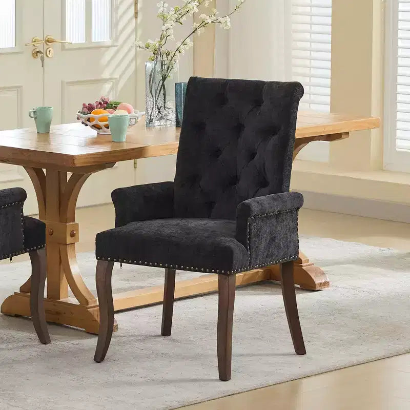 Set da 1 poltrona da pranzo in ciniglia con gambe curve in legno massello, sedie da cucina e sala da pranzo con schienale alto e bottoni capitonné, per soggiorno
