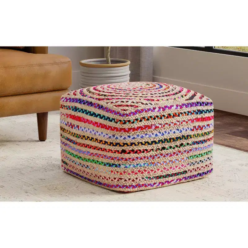 Pouf boho largo 20 pollici in juta/cotone chindi naturale multicolore, assemblato