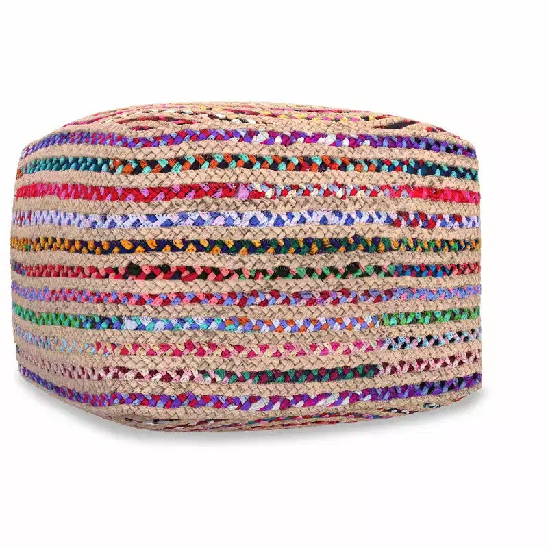 Pouf boho largo 20 pollici in juta/cotone chindi naturale multicolore, assemblato