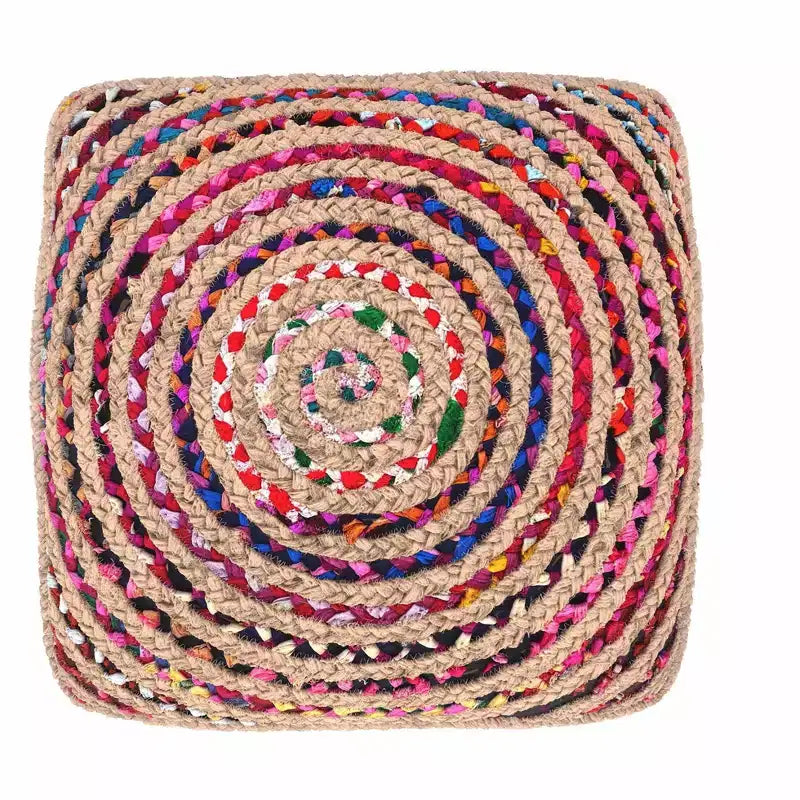 Pouf boho largo 20 pollici in juta/cotone chindi naturale multicolore, assemblato