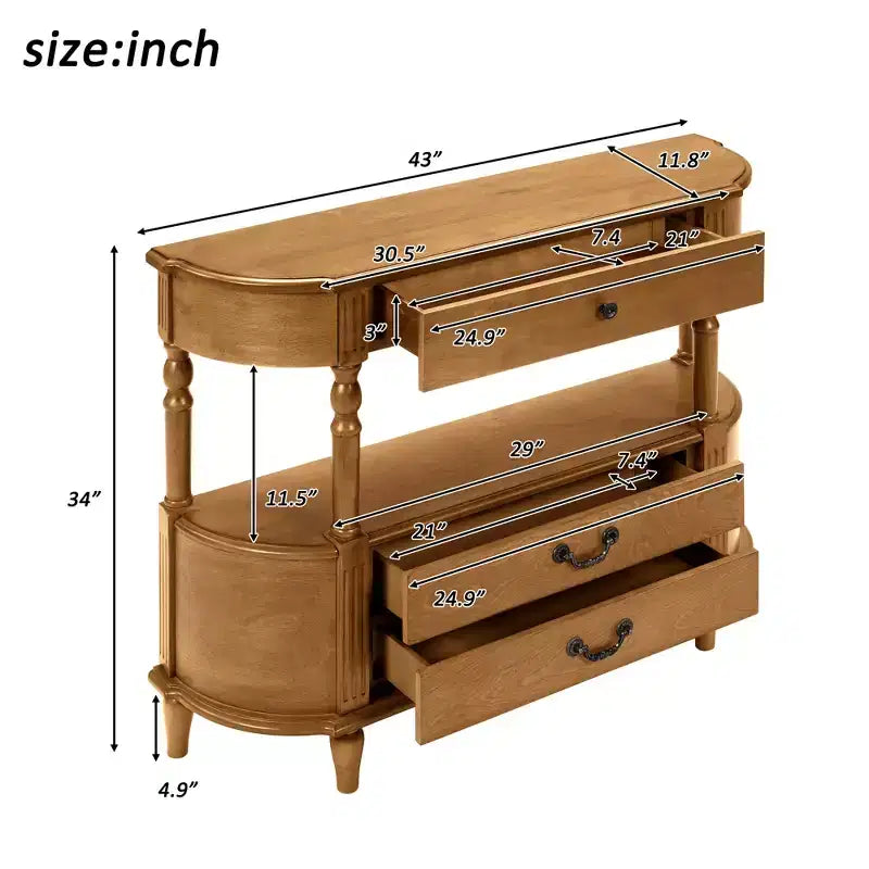 43-inch Vintage Curved Wood Console Table with 3 Drawers, Entryway Table with Storage Shelf, Suitable for Living Room , Brown