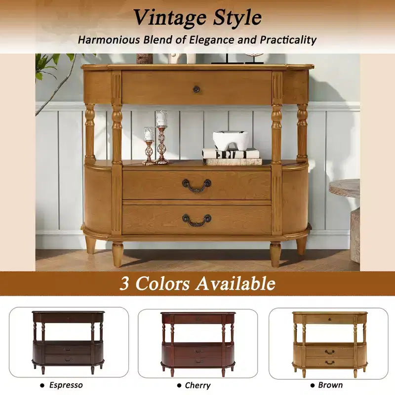 43-inch Vintage Curved Wood Console Table with 3 Drawers, Entryway Table with Storage Shelf, Suitable for Living Room , Brown
