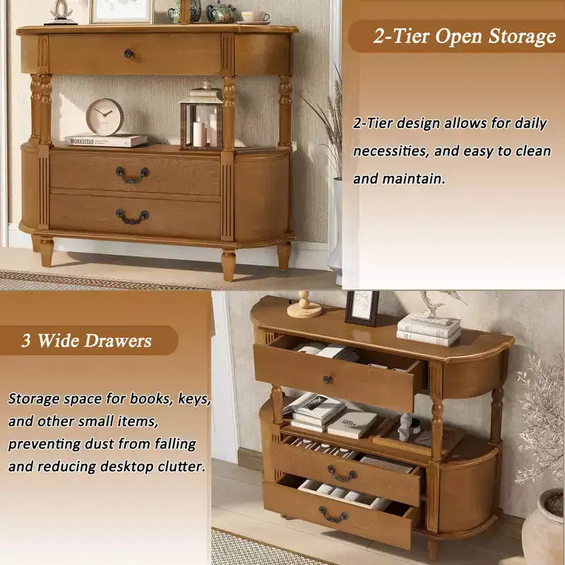 43-inch Vintage Curved Wood Console Table with 3 Drawers, Entryway Table with Storage Shelf, Suitable for Living Room , Brown