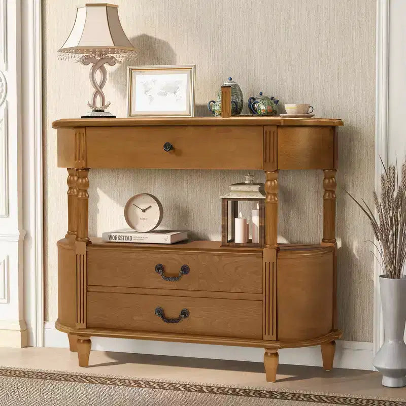 43-inch Vintage Curved Wood Console Table with 3 Drawers, Entryway Table with Storage Shelf, Suitable for Living Room , Brown