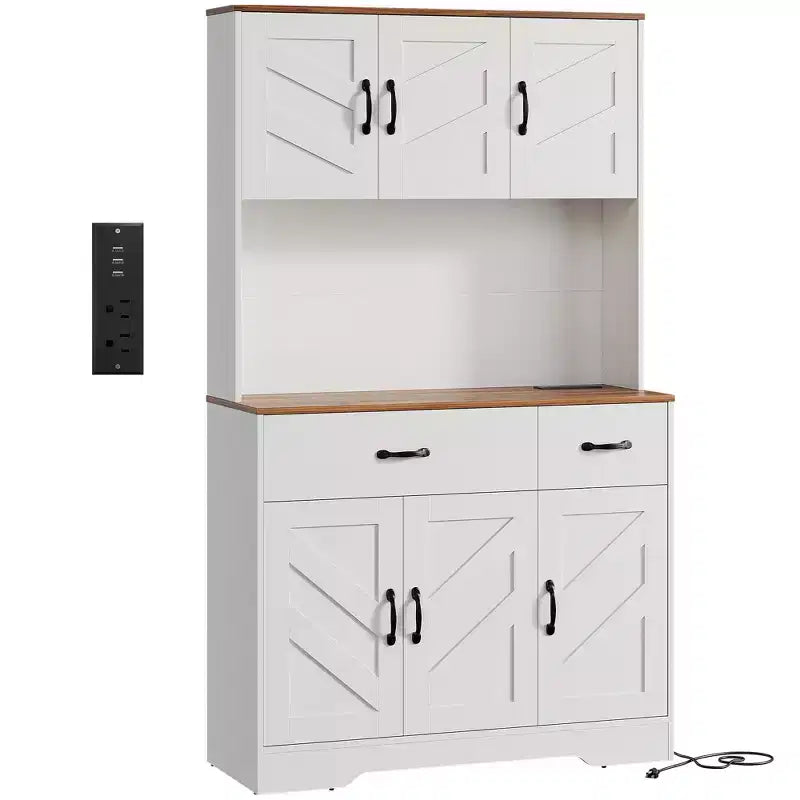 Pantry Cabinet with Charging Station, 71'' Kitchen Pantry Cabinet, Farmhouse Kitchen Hutch with Drawers, Adjustable Shelves for Dining Room