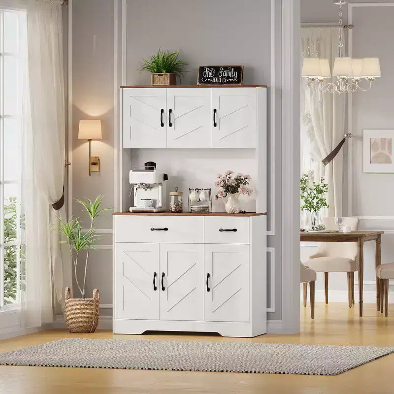 Pantry Cabinet with Charging Station, 71'' Kitchen Pantry Cabinet, Farmhouse Kitchen Hutch with Drawers, Adjustable Shelves for Dining Room
