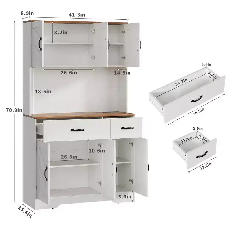 Pantry Cabinet with Charging Station, 71'' Kitchen Pantry Cabinet, Farmhouse Kitchen Hutch with Drawers, Adjustable Shelves for Dining Room