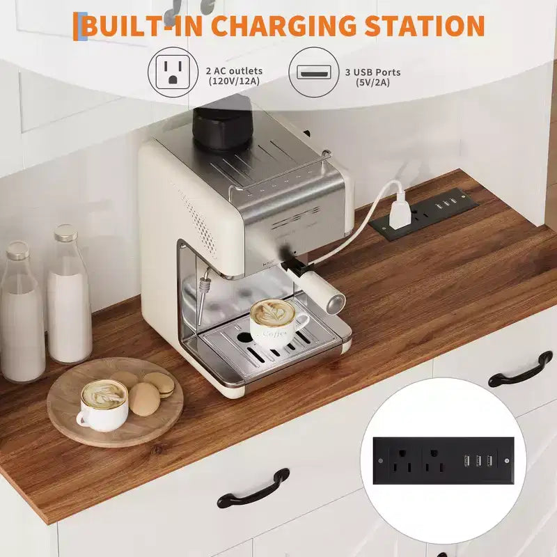 Pantry Cabinet with Charging Station, 71'' Kitchen Pantry Cabinet, Farmhouse Kitchen Hutch with Drawers, Adjustable Shelves for Dining Room
