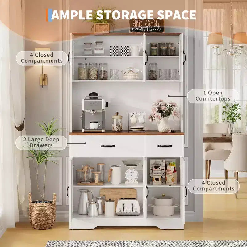 Pantry Cabinet with Charging Station, 71'' Kitchen Pantry Cabinet, Farmhouse Kitchen Hutch with Drawers, Adjustable Shelves for Dining Room