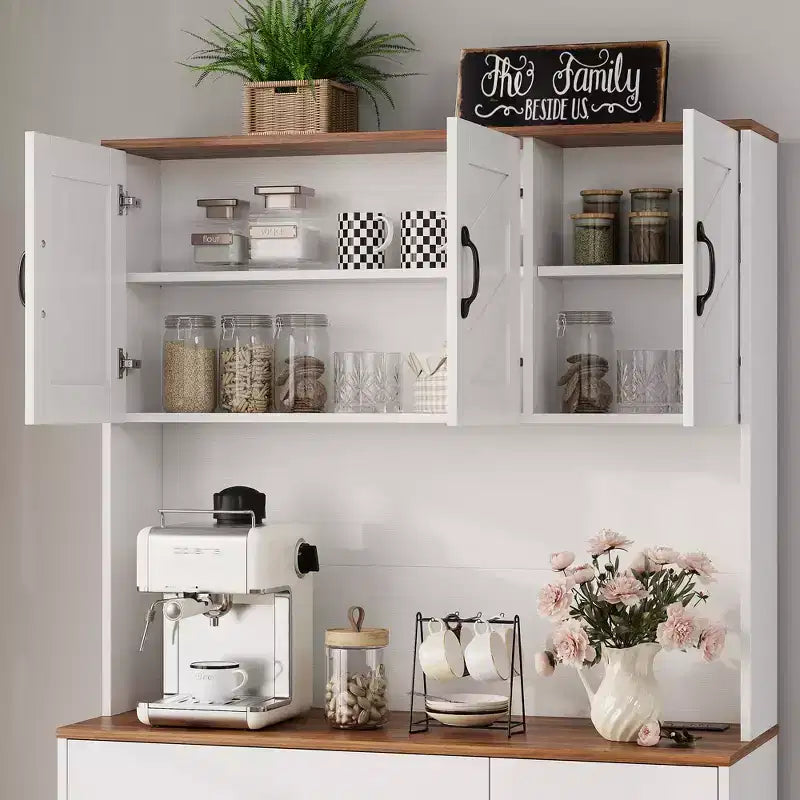 Pantry Cabinet with Charging Station, 71'' Kitchen Pantry Cabinet, Farmhouse Kitchen Hutch with Drawers, Adjustable Shelves for Dining Room