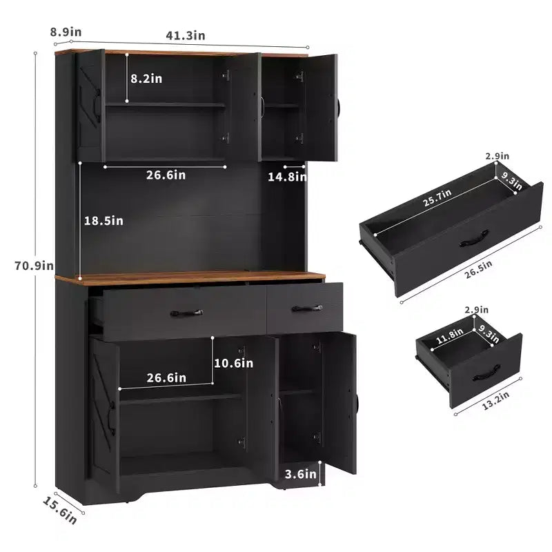 Dispensa da cucina con stazione di ricarica, dispensa da cucina da 71'', credenza in stile rustico con cassetti e ripiani regolabili per sala da pranzo