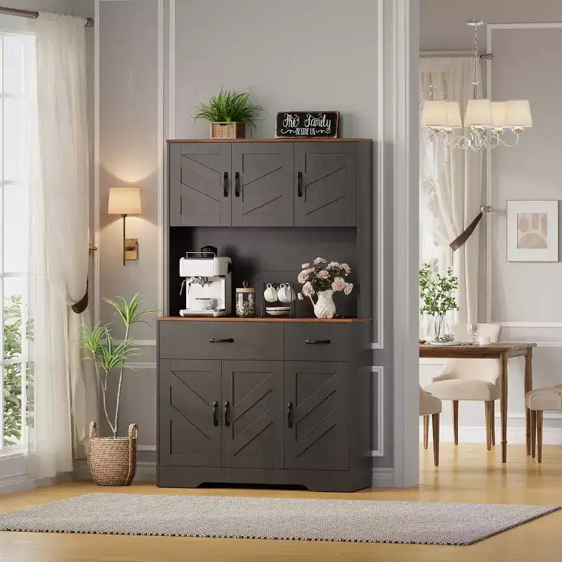 Dispensa da cucina con stazione di ricarica, dispensa da cucina da 71'', credenza in stile rustico con cassetti e ripiani regolabili per sala da pranzo