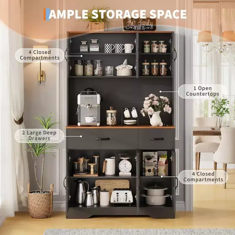Pantry Cabinet with Charging Station, 71'' Kitchen Pantry Cabinet, Farmhouse Kitchen Hutch with Drawers, Adjustable Shelves for Dining Room