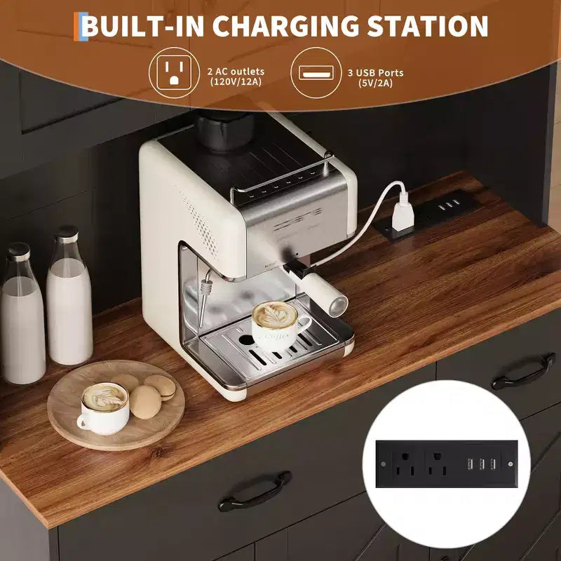 Pantry Cabinet with Charging Station, 71'' Kitchen Pantry Cabinet, Farmhouse Kitchen Hutch with Drawers, Adjustable Shelves for Dining Room