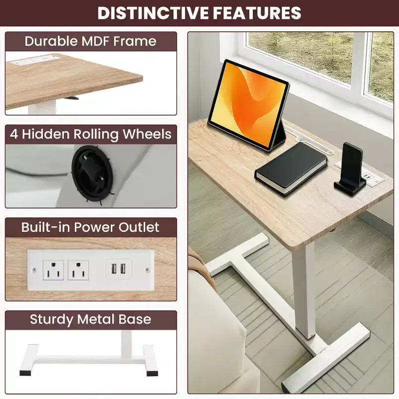 Adjustable Bed Desk with Wheels  Heavy-Duty Rolling Laptop Table with USB &amp; Type-C Charging, Cup Holder