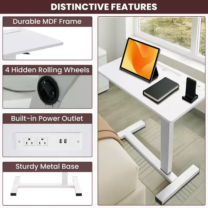 Adjustable Bed Desk with Wheels  Heavy-Duty Rolling Laptop Table with USB &amp; Type-C Charging, Cup Holder