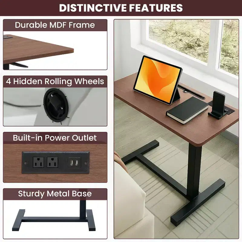 Adjustable Bed Desk with Wheels  Heavy-Duty Rolling Laptop Table with USB &amp; Type-C Charging, Cup Holder