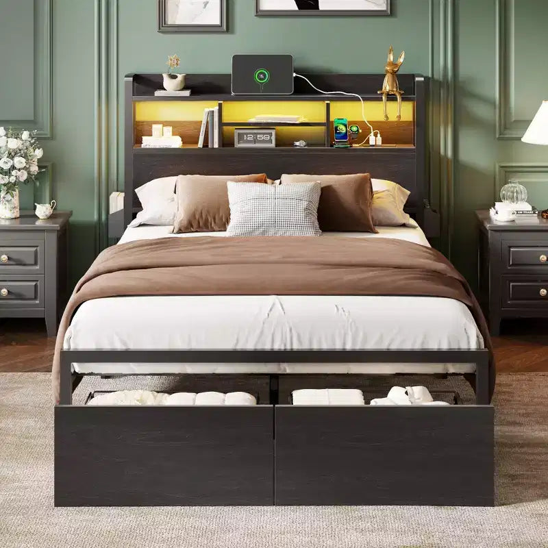 Full Size Platform Bed Frame with Storage Drawers Headboard Shelf LED Lights Charging Station Industrial Black Metal No Box Spring Needed Teen