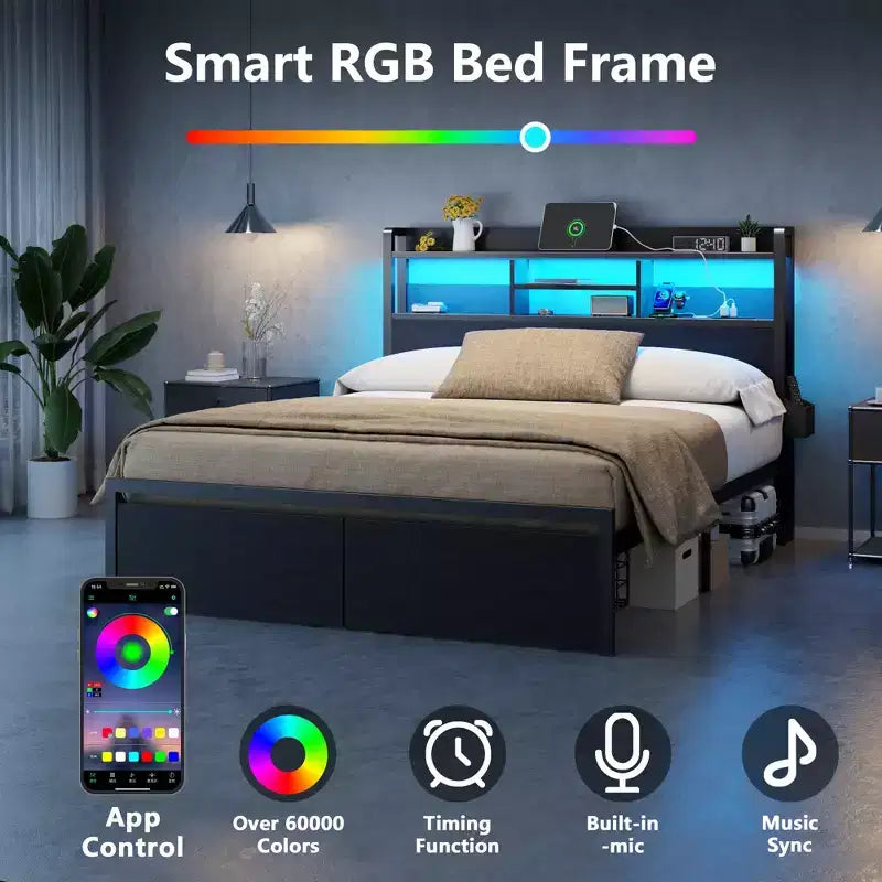 Full Size Platform Bed Frame with Storage Drawers Headboard Shelf LED Lights Charging Station Industrial Black Metal No Box Spring Needed Teen